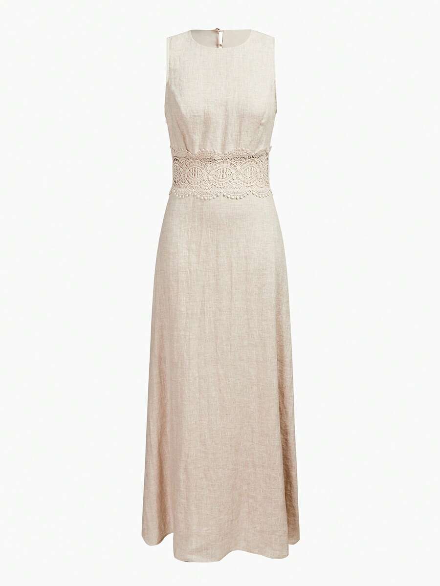 MOTF PREMIUM WOMEN'S LINEN LACE PATCHWORK SLEEVELESS DRESS, CASUAL & DATE WEAR, SPRING/SUMMER - Khaki - View 2