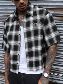 SLATEMANN Men's Plaid Short Sleeve Single-Breasted Casual Commuter Shirt - Black - View 3