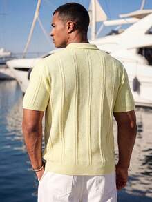 Ocevento Mens Short Sleeve Knit Polo Shirt Casual Striped V Neck Pullover Knitwear Top Summer Lightweight Blouse 
Mens Summer Knitted Polo Shirt Short Sleeve - Pale Yellow - View 2