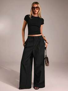 SHEIN Tall CURVE CURVE 新款加大码女式高个女孩黑色休闲直筒裤，带拉链和口袋，高腰设计让您看起来更苗条，腿部更修长，适合高个女性。高腰设计让您看起来更苗条，腿部更修长，适合高个女性。复古风格，适合所有季节和场合，适合高个女孩和女性，夏季阔腿裤，夏季阔腿裤，夏季休闲装，夏季度假装，女士长裤，春季装，阔腿裤，办公裤，优雅裤，休闲裤，夏季高腰显瘦阔腿裤，优雅女士礼服裤，优雅派对裤，女士优雅裤，优雅长裤，女士度假装，假日装女士服装、夏季度假服装、夏季休闲装、女士休闲裤、女士性感裤、狂欢节服装、2026年狂欢节女士造型、2026年狂欢节女士服装、狂欢节女士服装 - 黑色 - 查看 4