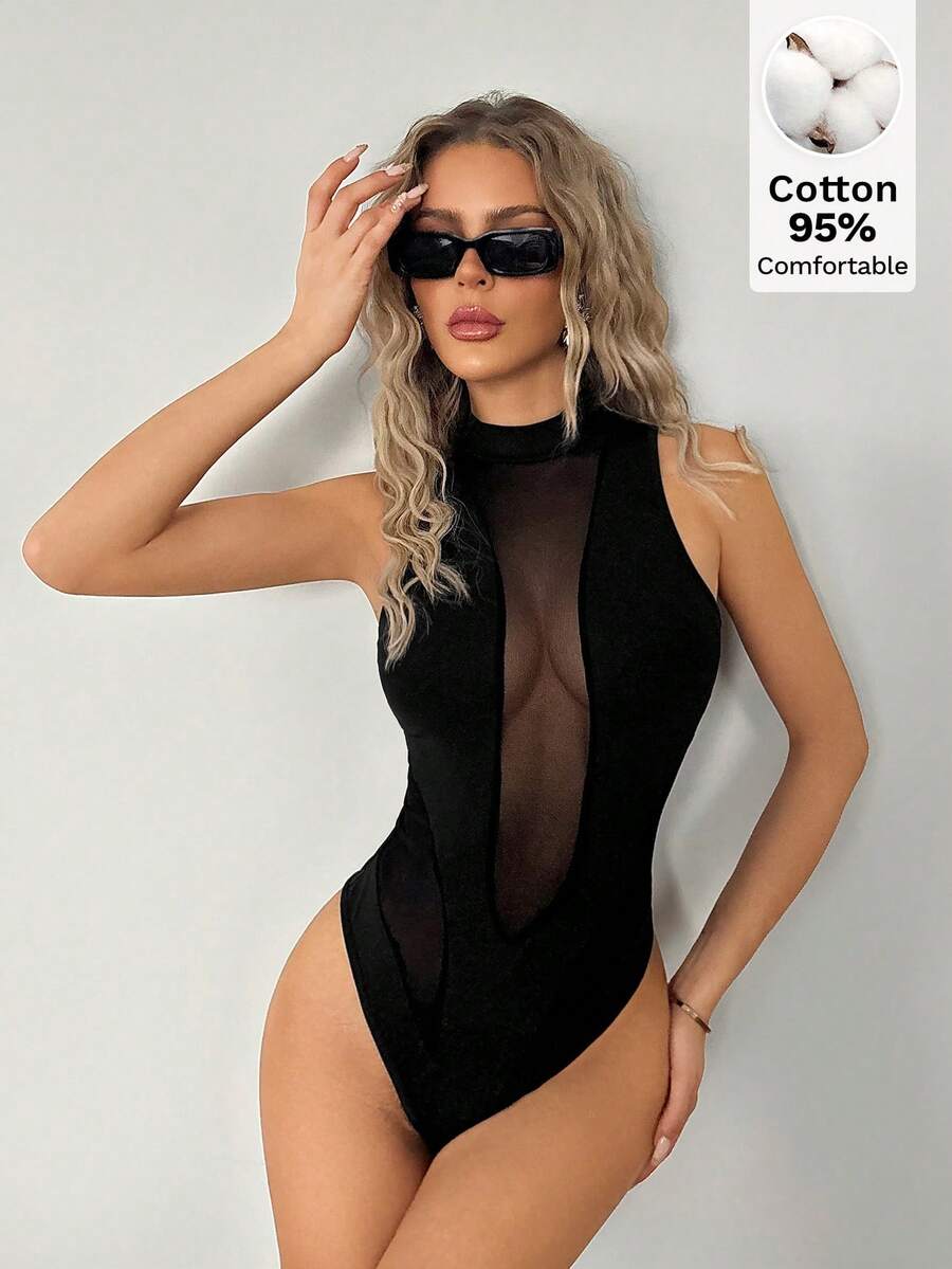 SHEIN ICON 無袖拼接網布黑色立領修身連身衣 - 黑色 - 查看 1