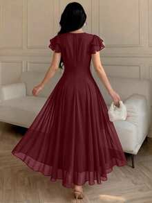 Modelyn Vestido de diseñador para mujer con cuello cuadrado, abertura y triángulo, de largo medio - Burdeos - Ver 2
