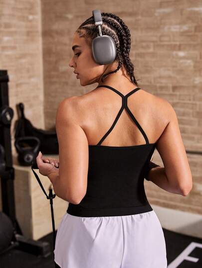 Powerista Women's Solid Color Back Cut-Out Halter Neck Tank Top For Daily Fitness And Sports
