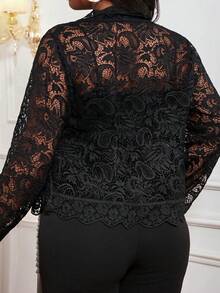 SHEIN Lady 大尺碼女款休閒通勤經典杏色與黑色條紋格紋長袖外套襯衫，適合秋冬穿著 - 黑色 - 查看 2