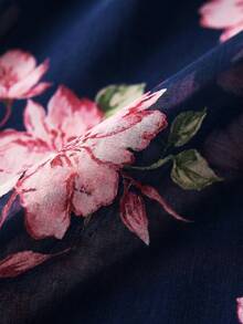 Reflora 大尺碼女款夏季長洋裝，優雅荷葉邊裝飾，短袖花卉印花，飄逸浪漫派對洋裝，彈性面料 - 藍色 - 查看 3
