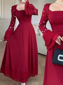Modelyn Women's Elegant Long Sleeve Square Neck Dress, Rhinestone Embellished Waist-Flattering Slimming Hemline With Ruched Multi-Layer Ruffle Hem, Elegant Long Dress - Burgundy - View 5