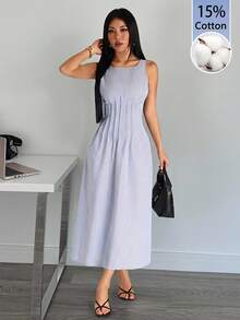 SHEIN PETITE Spring/Summer Blue And White Striped Sleeveless A-Line Long Dress – Fresh Casual Coastal Tropical Style, Elegant Women's Picnic Brunch Vacation Resort - Aqua Blue - View 7