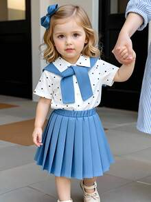 SHEIN Playful Pals 女嬰 3 件組 黑白波點與嬰兒藍上衣 + 罩衫 + 百褶裙 開學季夏季叢林風可愛套裝 - 藍色 - 查看 3