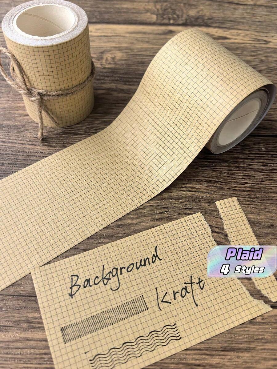 1 Roll Plaid Kraft Paper Tape, Writable For DIY Scrapbooking And Decoration - Multicolor - View 1