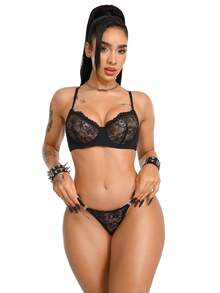 AltBold Conjunto de Lingerie Romântico com Renda e Aro 2 Peças - Preto - Visão 3