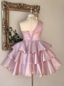 Lovelzi Luxury Plus Size Elegant Pink Shiny Satin Asymmetric Neck Ruched Rhinestone Chain Cinched Waist Three-Layer Tiered Skirt Party Short Prom Dress - Pink - View 2