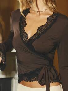 Aralina Women's Stretch Contrast Lace Longsleeve Sleeve Wrap V Neck Top Flare Sleeve Top Festival - Coffee Brown - View 3