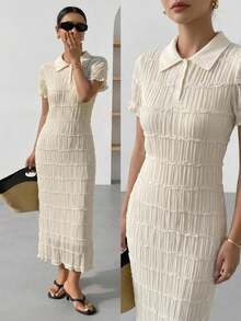 DAZY Summer Women's Elegant Style Lapel Contrast Color Striped Sweater Dress - White - View 7