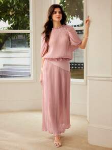 MOTF PREMIUM WOMEN'S ELEGANT PLEATED TOP AND SKIRT 2 PIECES SET - Pink - View 6