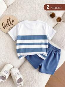 Newborn Baby Boy Cute Summer Casual Comfortable Knit Striped Top Elastic Waist Shorts Set - Baby Blue - View 2