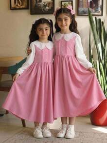 Tween Girl Tween Girl Colorblock Peter Pan Collar Long Sleeve Button Design Elegant Dress - Pink - View 7