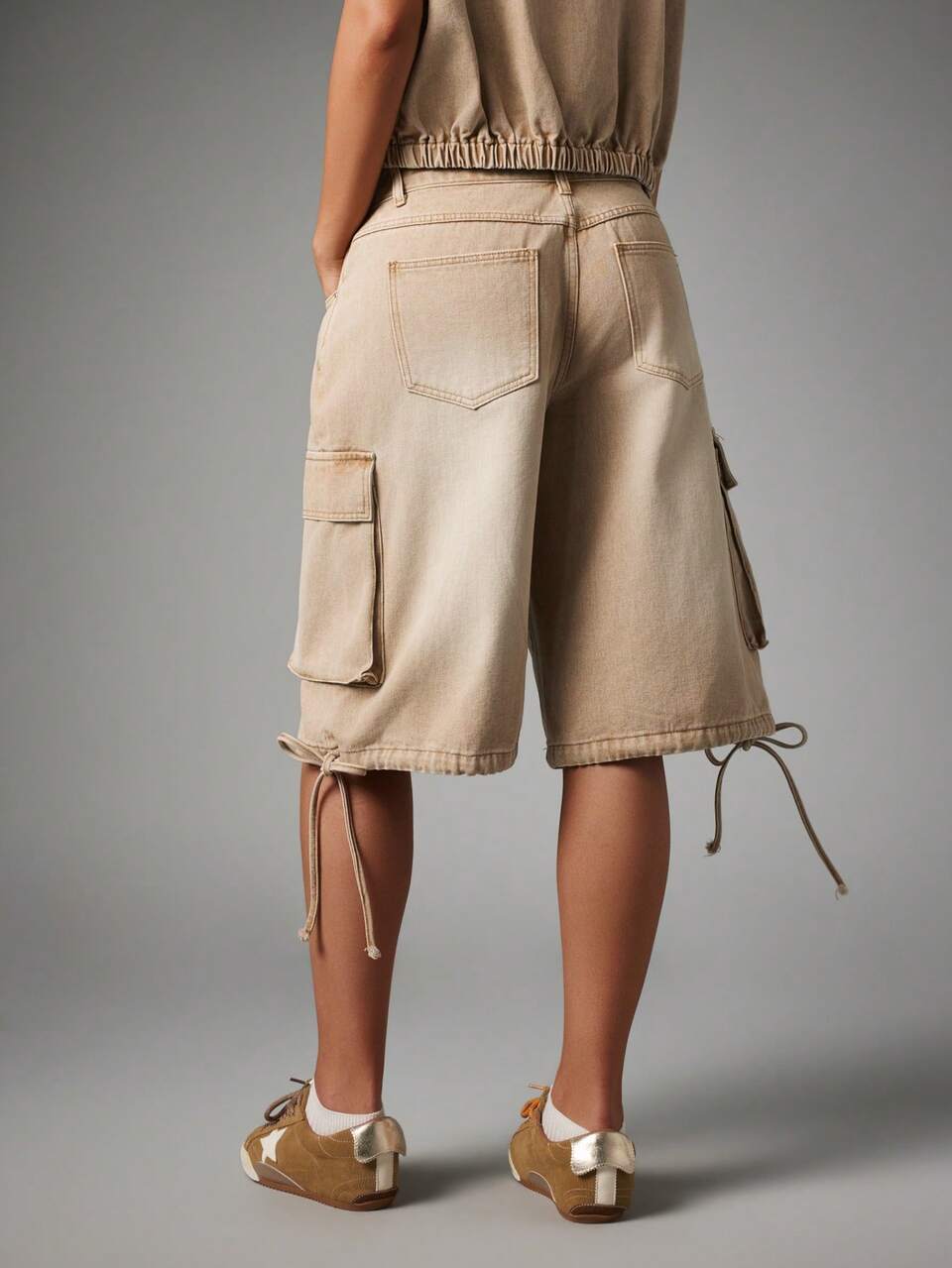 MISSGUIDED Low Rise Cargo Denim Shorts With Side Pockets Tie Detail Hem Bermuda Length Summer Street Style