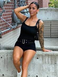 SAYEHFBABY Damen Super-Kurz-Jeans-Shorts mit Taschen, schlicht und lässig, mit breitem Gürtel, Sommer, Schwarz - Schwarz - Übersicht 4
