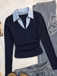 SHEIN Tween女孩T恤，大學藍與白色條紋拼接領，長袖，2合1 - 藍白色 - 查看 3