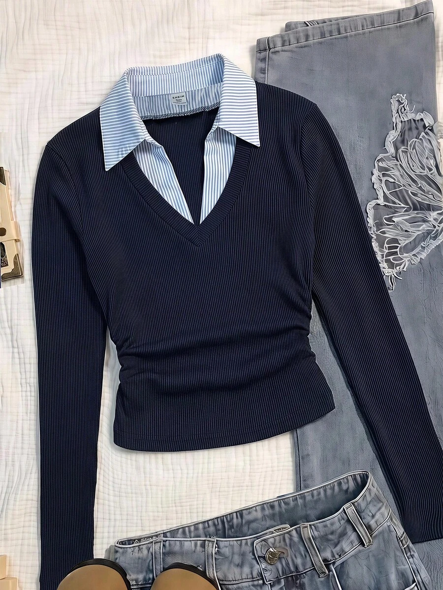 SHEIN Tween Girl Tween Girls T-Shirts, College Blue & White Striped Patchwork Collar, Long Sleeve, 2 In 1 - Blue and White - View 1
