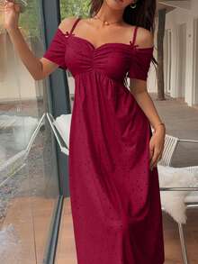 Dream Adore Women's Cute Classy Elegant Off-Shoulder Bowknot Strap Nightgown Sleep Home Black Polka Dot Summer - Red - View 4