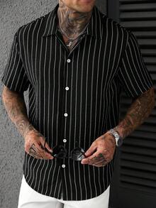 SLATEMANN 男士夏季黑色直條紋休閒度假修身翻領短袖襯衫，儀式穿著 - 黑色 - 查看 3