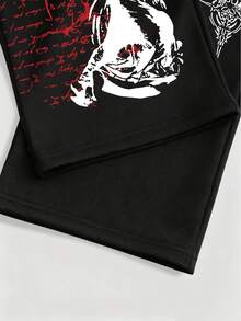 ROMWE MEN Street Life Men's Straight Leg Drawstring Pocket Print Sweatpants - Black - View 5