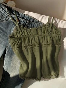 SHEIN Tall CURVE 大尺碼綠色休閒甜美細肩帶背心上衣 - 軍綠色 - 查看 2