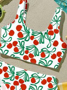 Tween Girl Cherry Print Bikini And Triangle Bottom Two-Piece Swimsuit Set Suitable For Summer Vacation Beach - Multicolor - View 4