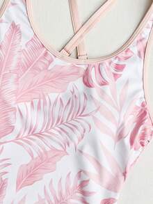 SHEIN Swim 女款夏季新款海灘套裝，無袖圓領對比飾邊抽繩側開比基尼套裝搭配黑色休閒度假短褲 - 粉色 - 查看 5