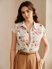Anewsta Summer Women's Vacation Style Blouse With Floral Embroidery And Hollow-Out Fabric, Short Flutter Sleeves, Suitable For Vacations, Commuting And Daily Wear - Multicolor - View 7