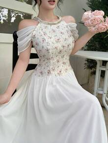 Modelyn 優雅露肩串珠掛脖長洋裝，柔和氛圍女款長洋裝 - 白色 - 查看 5