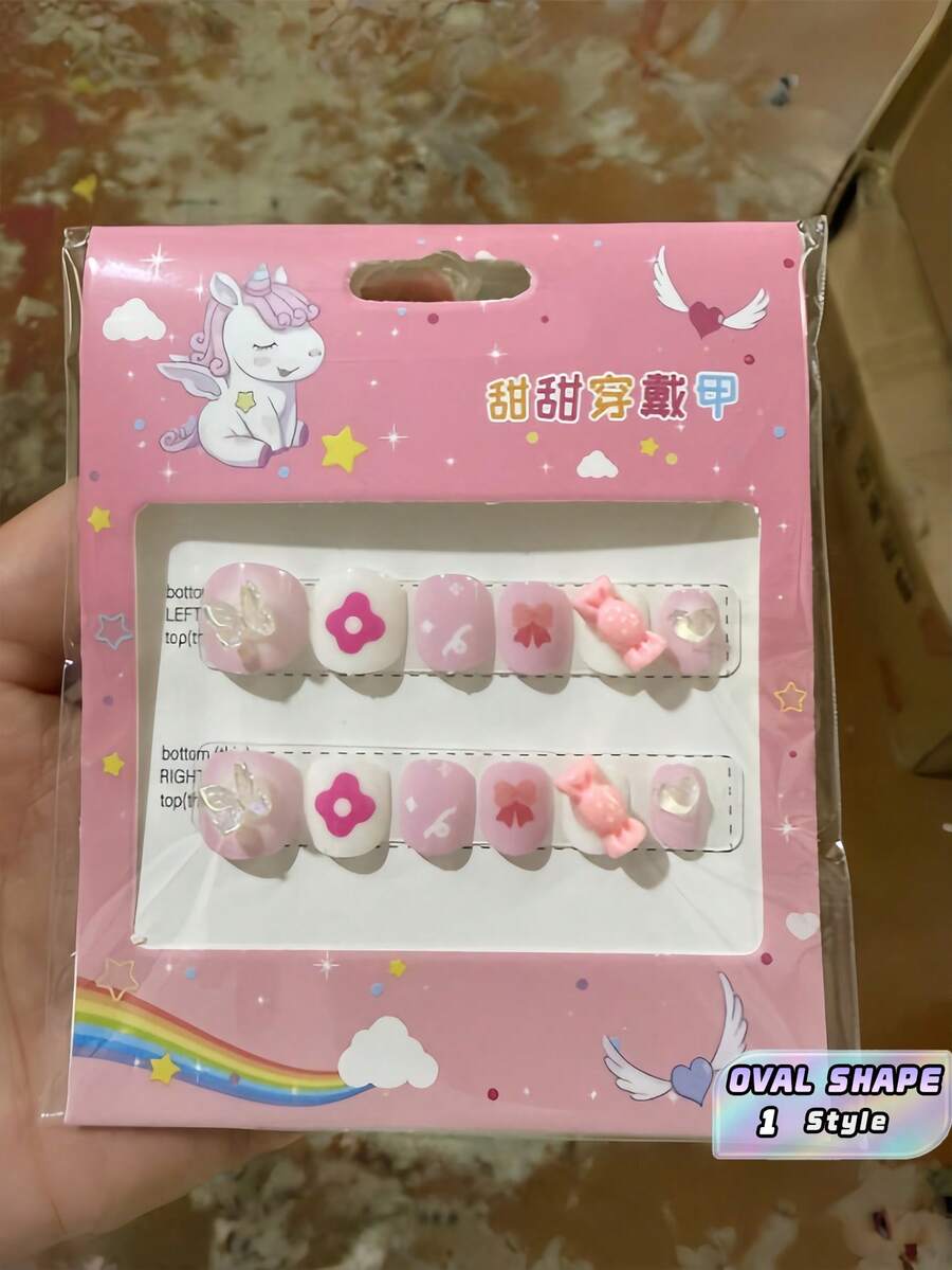 12PCS Small Short Oval Glossy Press On Fake Nails Macaron Blue Pink Purple Heart Flower Pattern For Women Christmas Gift New Year Gift