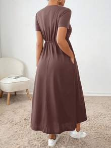 SHEIN Essnce 1 件女士纯色系带连衣裙，简约时尚休闲日常穿着 - 紫紅色 - 查看 2