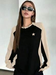 DAZY 拼色插肩袖星星图案 T 恤 Y2k，秋季服装长袖女式上衣 - 黑色 - 查看 3