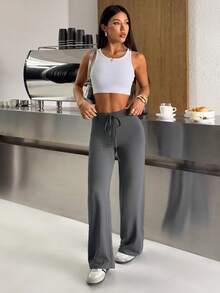 SHEIN EZwear 2pcs Women's Drawstring Waist Casual Versatile Daily Wear Long Pants Everyday Charcoal Gray Summer - Multicolor - View 6