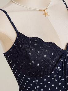SHEIN ICON 女款大尺碼波點圖案對比蕾絲細肩帶洋裝 - 藏蓝色 - 查看 9