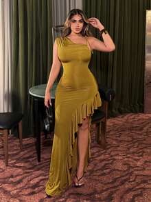NU&NOW Plus Size Women Solid Color Asymmetric Design Party Ball Dress - Olive Green - View 5