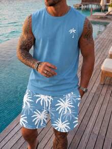 VIVINTIMO Men's Regular Fit Casual Vacation Coconut Tree Print Tank Top Set - Blue - View 3