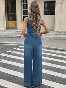 SHEIN PETITE Petite Women's Sleeveless V-Neck Denim Jumpsuit, Button Front Wide Leg Jean Overall With Pockets, Casual Streetwear Summer Vacation Outfit Aqua Blue - Medium Wash - View 5
