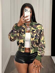 SHEIN BamGlam Women's Olive Green Cropped Jacket Going Out Everyday Traveling Going Out Night Out Nightout Hiking Autumn Street Wear Streetwear Casual - Army Green - View 6