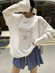 DAZY Women's Round Neck Loose Long Sleeve Printed Semi-Sheer Vacation Style Pullover T-Shirt Summer School Graphic Tees Cute Tops - White - View 2