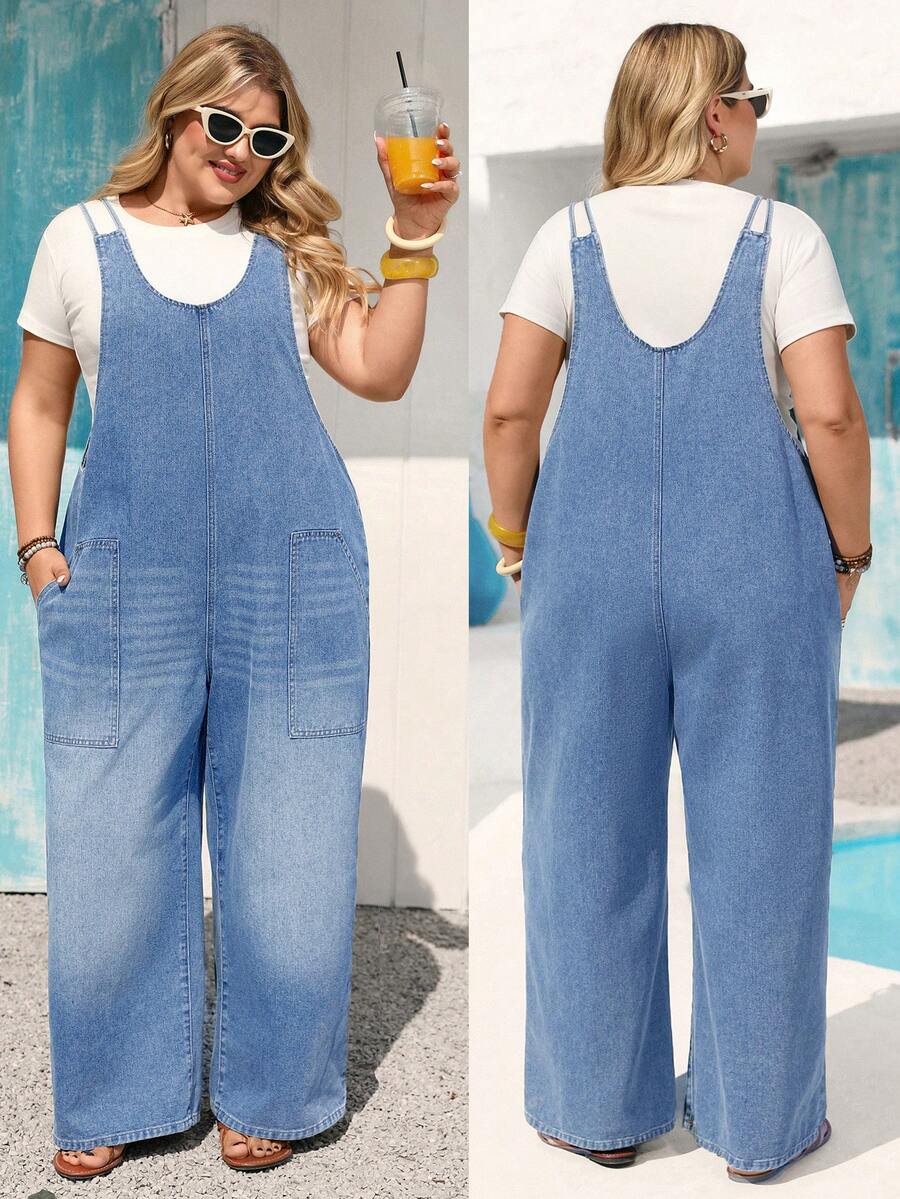 Vivid Eden Plus Size Women's Pocket Design Wide Leg Casual Baggy Denim Overalls Formal Vacation Going Out Blue Summer - Medium Wash - View 1