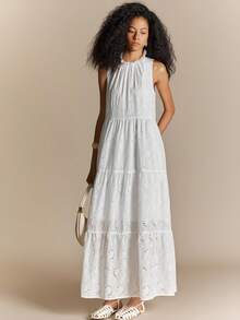 Écloséra Elegant Lacy Boho Sleeveless Ruffle Collar Multi-Layer Hem White Dress Spring Summer Autumn Winter Outing Festival Wear Wedding Picnic Vacation - White - View 5
