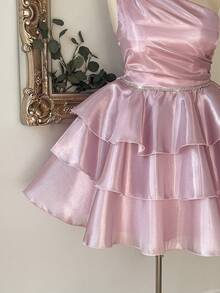 Lovelzi Luxury Plus Size Elegant Pink Shiny Satin Asymmetric Neck Ruched Rhinestone Chain Cinched Waist Three-Layer Tiered Skirt Party Short Prom Dress - Pink - View 3