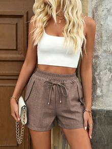 SHEIN LUNE Summer Casual Versatile Drawstring Waist Shorts - Khaki - View 4
