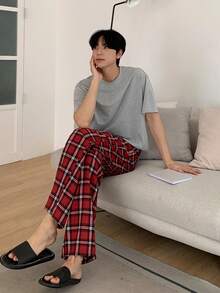 DAZY Grey T-Shirt Set With Men's Plaid Home Wear, Spring/Summer Pajama - Multicolor - View 6