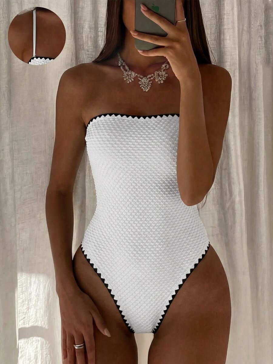 SHEIN Swim 女款優雅休閒可拆卸肩帶抹胸式連身泳衣，紋理面料時尚對比色漸層設計，適合夏季海灘度假、海灘派對穿搭，2026女款春夏季海灘度假連身泳衣