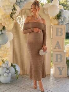 Loomaby 優雅孕婦派對嬰兒洗禮拍照用純色露肩蕾絲洋裝 性別揭曉 婚禮 生日 秋季棕色 - 棕色 - 查看 3