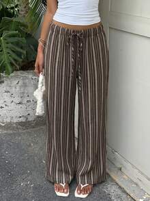SHEIN EZwear 女款彩色條紋編織長褲 - 棕色 - 查看 1